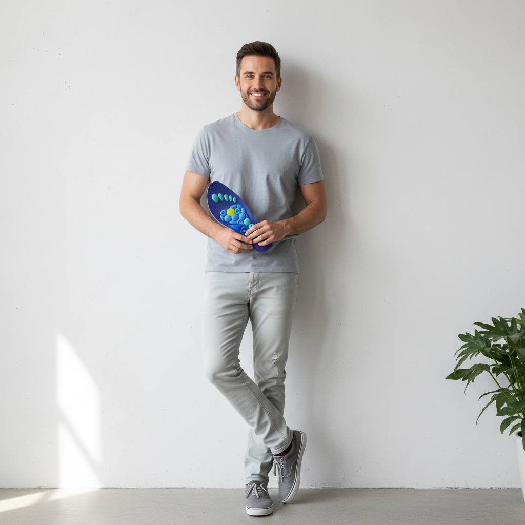Persona apoyada en pared con plantillas